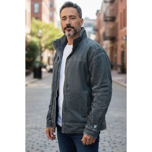 KUHL Burr Jacket Mens L Vintage Patina Dye Lined Coat Gun Metal Cotton Canva